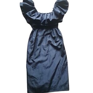 1980's Morton Myles Black Taffeta Exaggerated Ruffle Shoulders Midi Dress Sz 4
